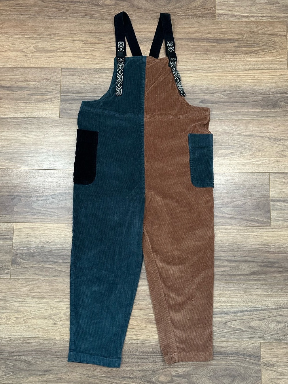 Kavu San Juan Corduroy Overalls in Dusk Bay Teal Blue/Brown/Black Size Large